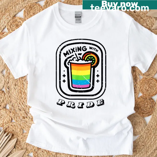 LGBTQ pride t-shirt featuring bartender-themed graphics and text