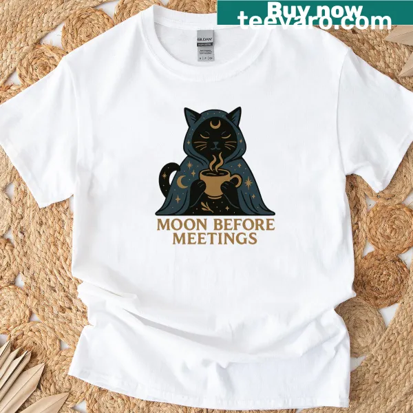 T-shirt featuring a mystical cat and coffee design