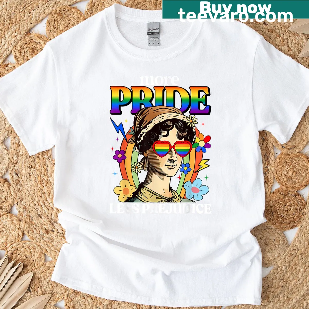 T-shirt with 'More Pride Less Prejudice' text graphic — on a men's t-shirt