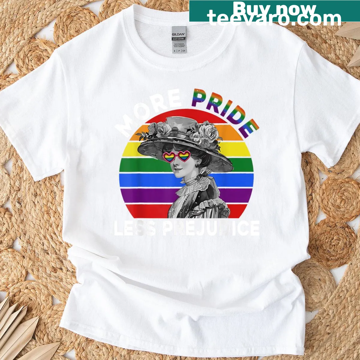 T-shirt with a bold 'More Pride Less Prejudice' graphic — on a men's t-shirt