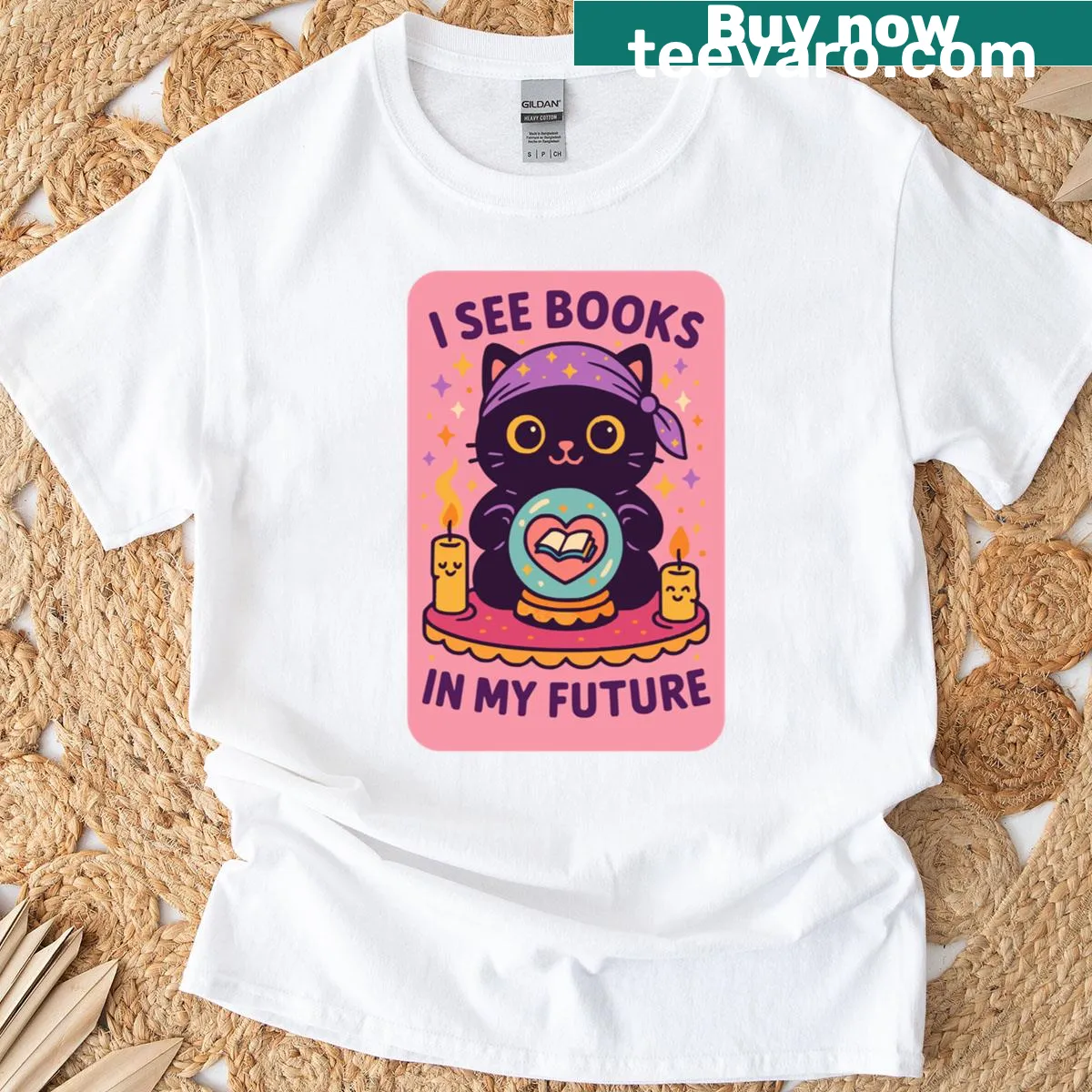T-shirt with a cat design and the phrase 'I See Books In My Future.' — on a men's t-shirt