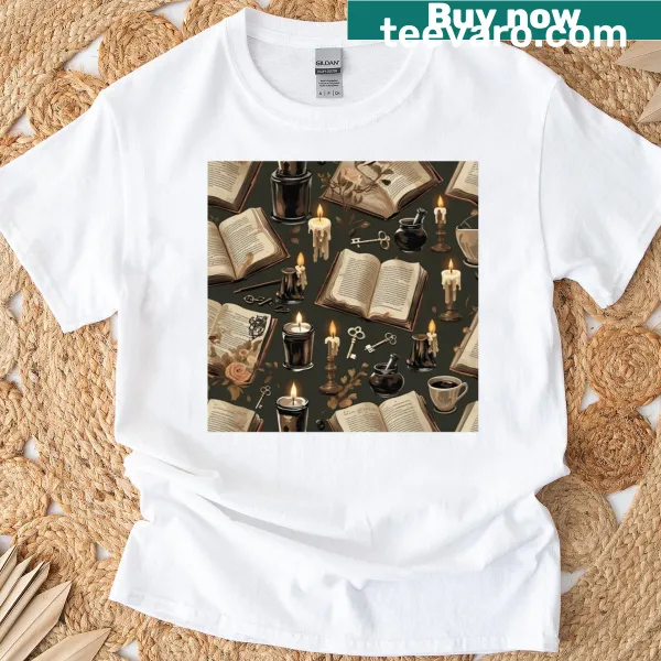 T-shirt with a vintage design of books and candles.