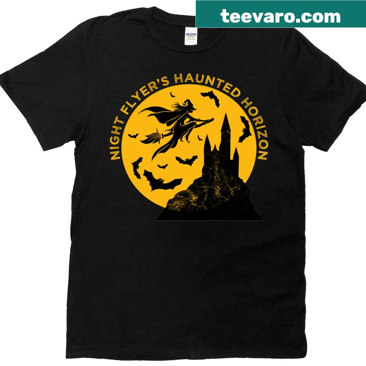 Spooky Halloween design with a witch and bats on a haunted horizon — on a men's t-shirt