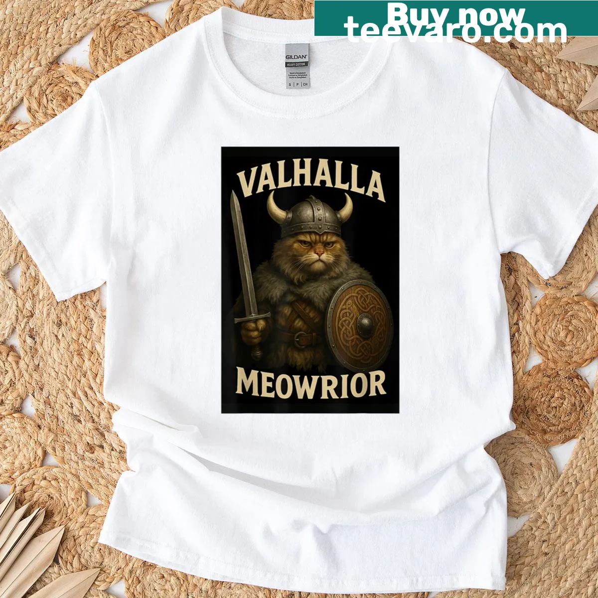 T-shirt featuring a cartoon Viking cat warrior design. — on a men's t-shirt