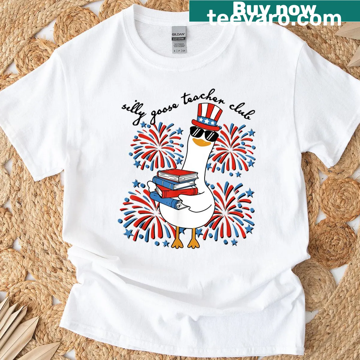 Vintage-style t-shirt for teachers with a silly goose design celebrating 4th of July. — on a men's t-shirt