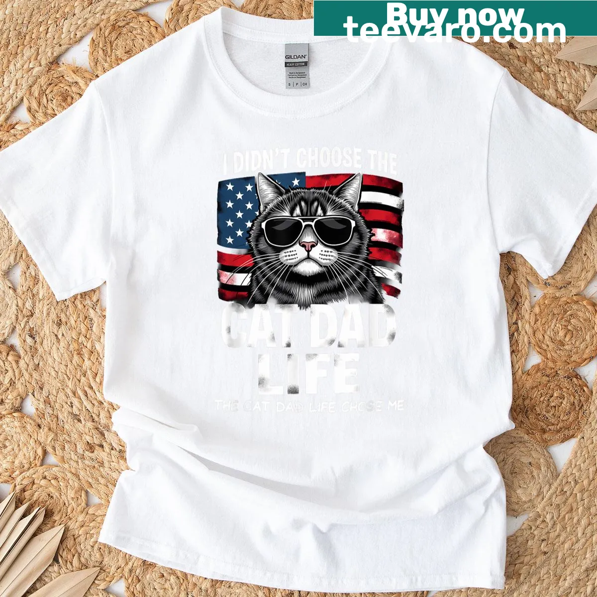 Humorous cat dad t-shirt with US flag design — on a men's t-shirt