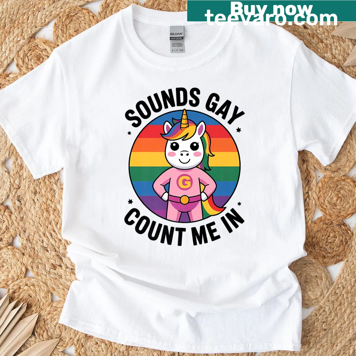 Rainbow unicorn design with playful text promoting pride — on a men's t-shirt