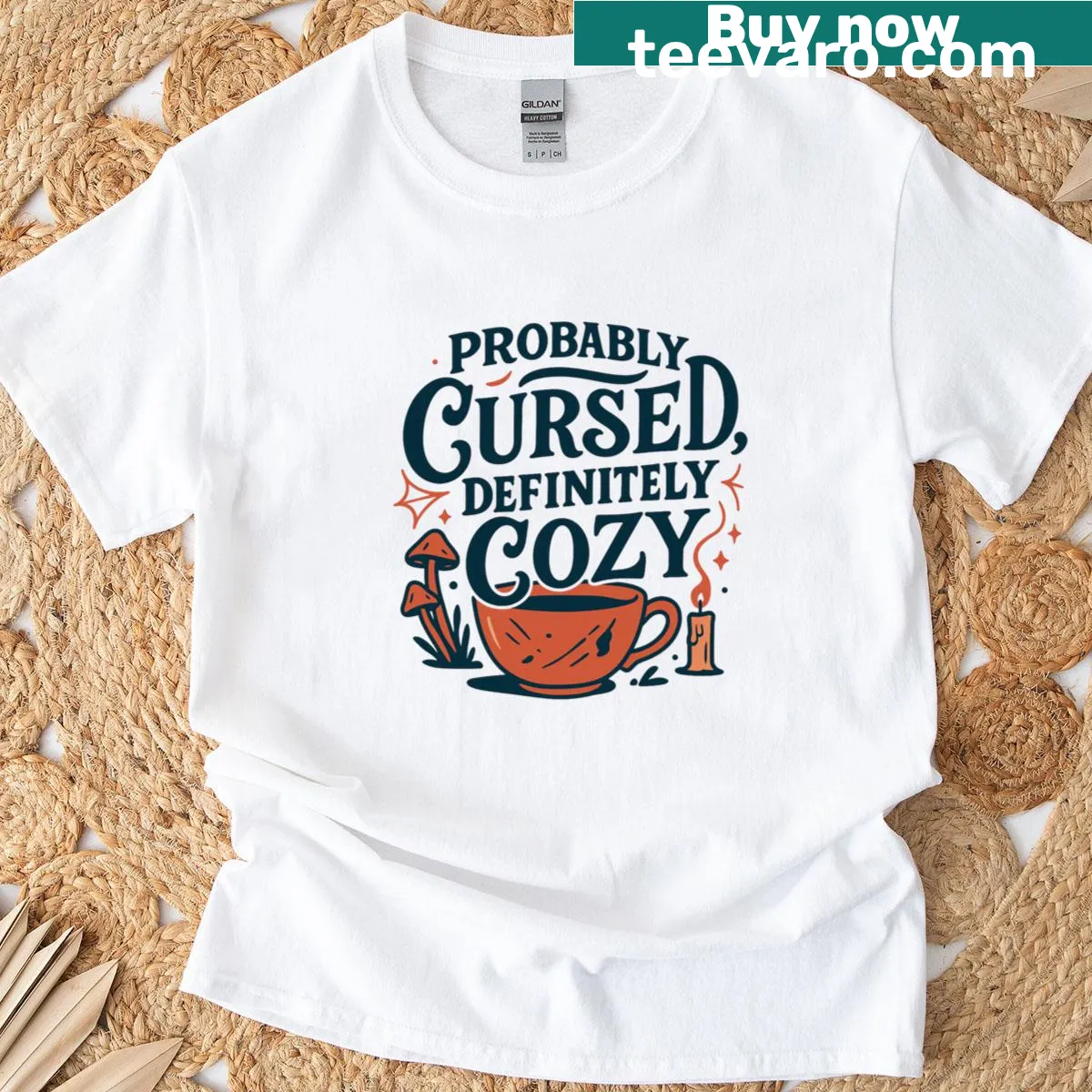 Funny witchy gamer t-shirt with cozy humorous themes — on a men's t-shirt