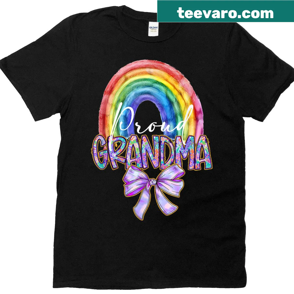 Proud Grandma t-shirt with LGBTQ Pride symbols and text — on a men's t-shirt