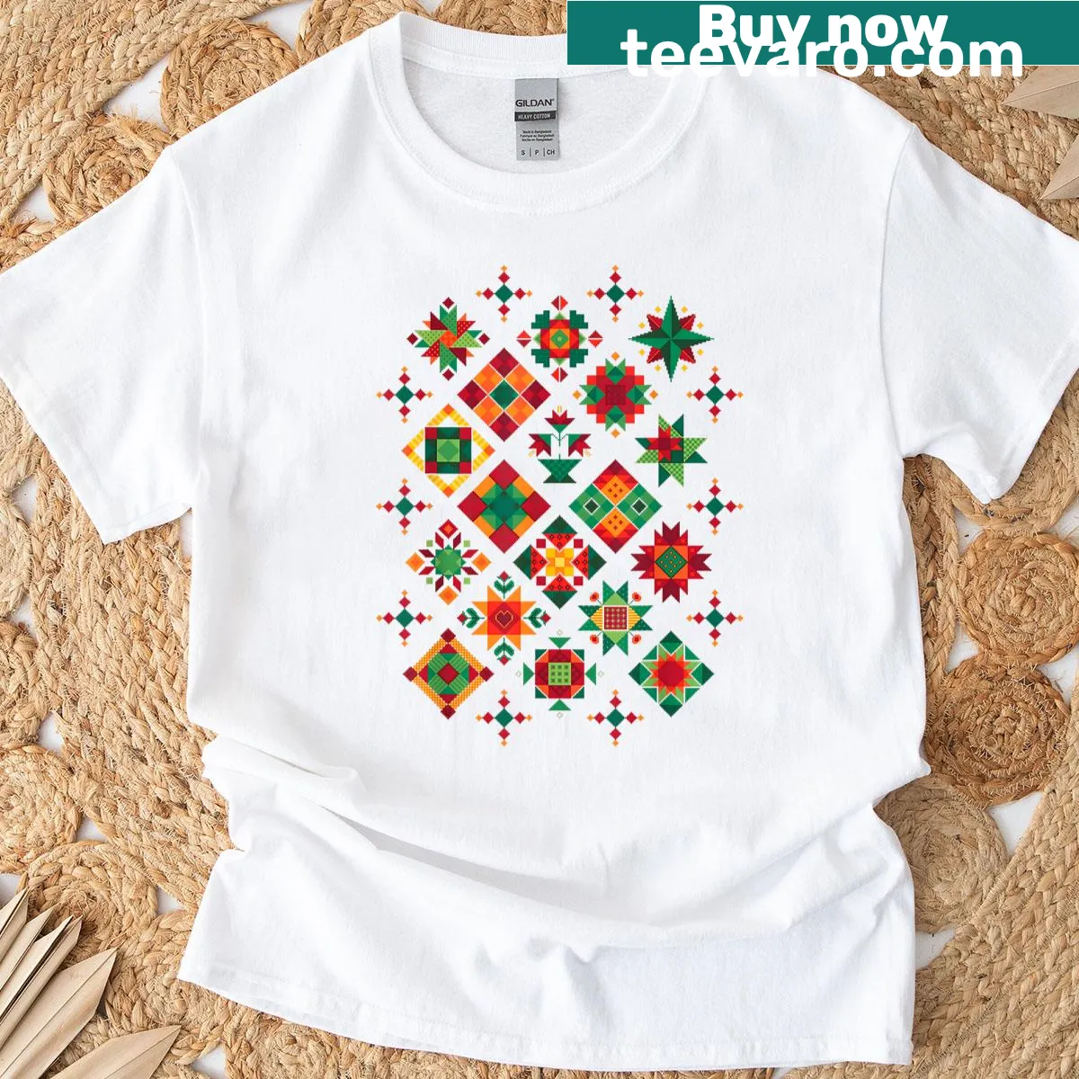 Charming quilting block pattern t-shirt for sewing lovers — on a men's t-shirt