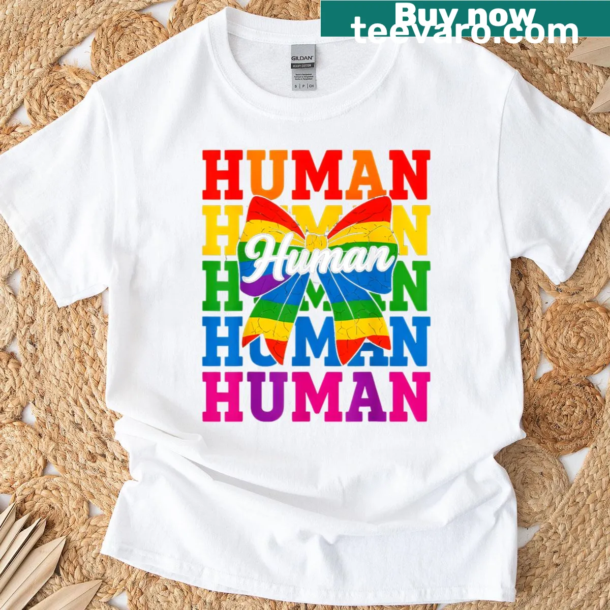Rainbow bow design on LGBT flag T-shirt for pride — on a men's t-shirt