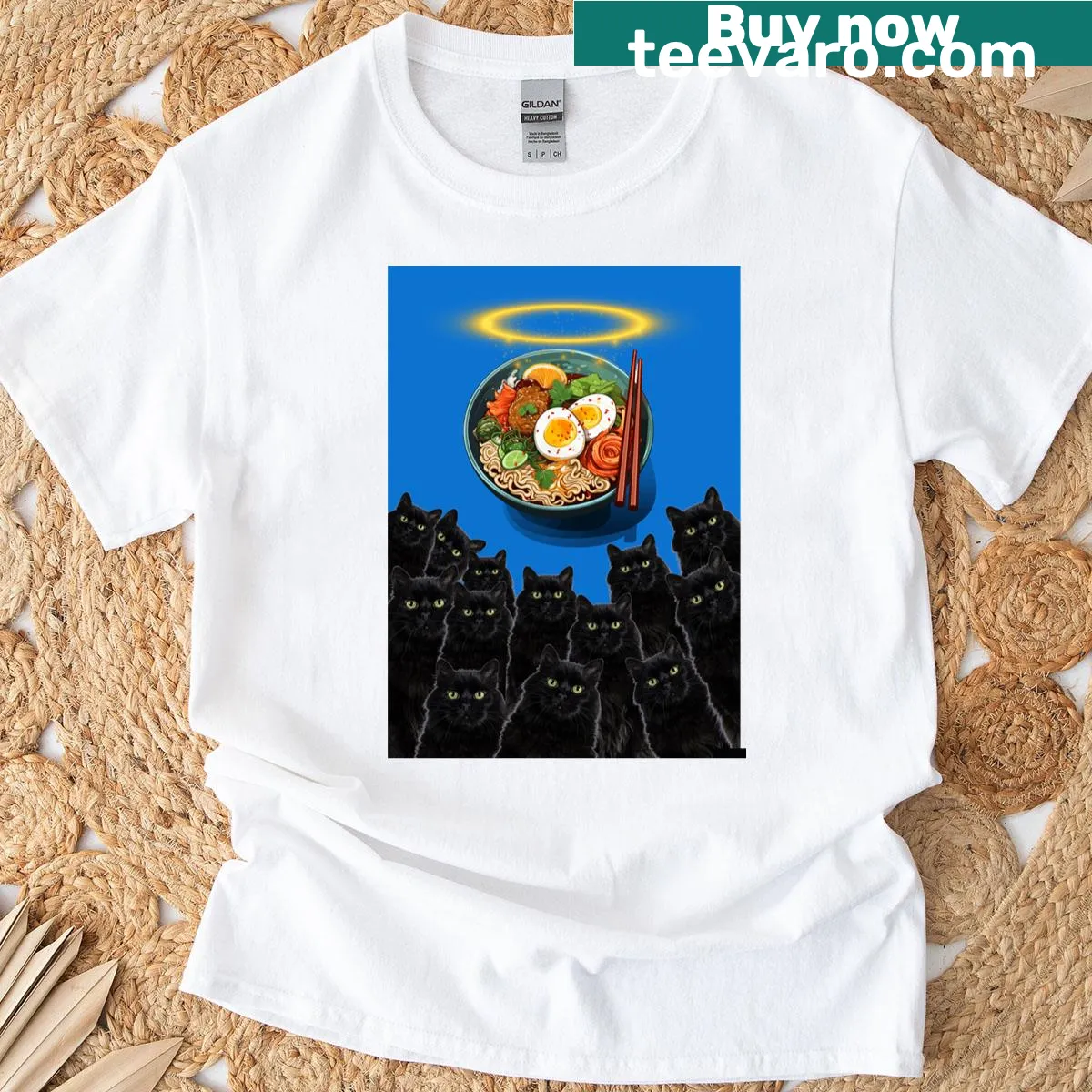 Playful t-shirt featuring ramen and cat elements from the Meowtrix collection. — on a men's t-shirt
