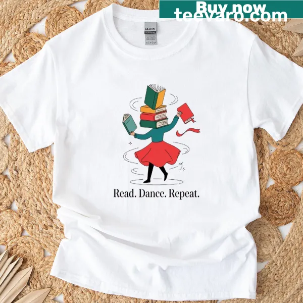 Whimsical T-shirt with 'Read Dance Repeat' for book lovers