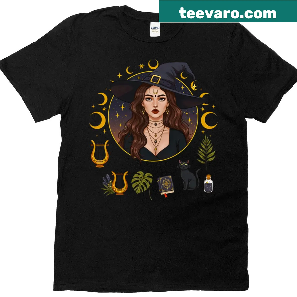Gothic graphic of a redhead witch on T-shirt — on a men's t-shirt