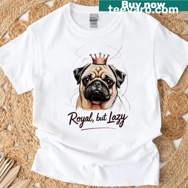 Minimalist line art T-shirt featuring a pug with a crown.