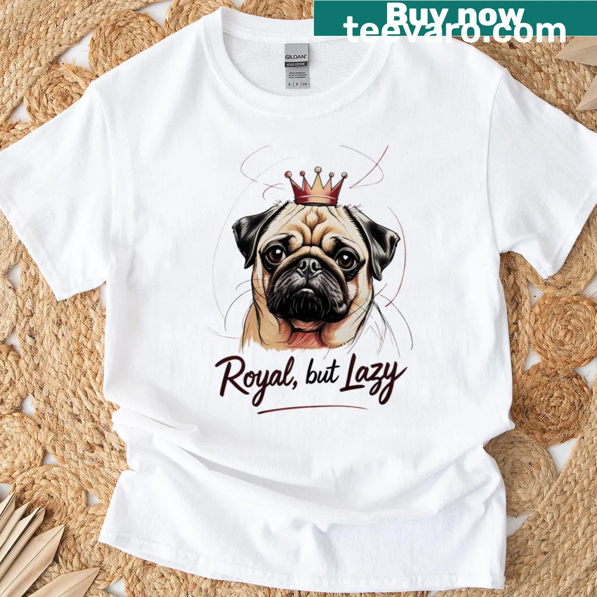 Minimalist line art T-shirt featuring a pug with a crown. — on a men's t-shirt