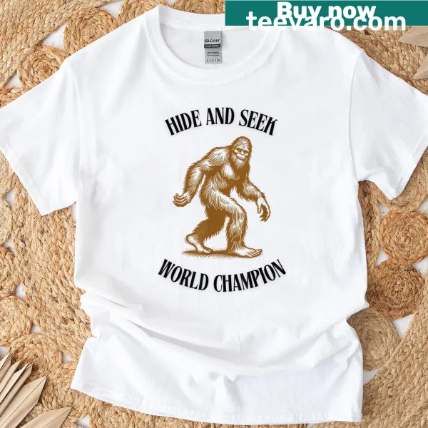 Illustration of Sasquatch in trees with 'Hide Seek Champion' text
