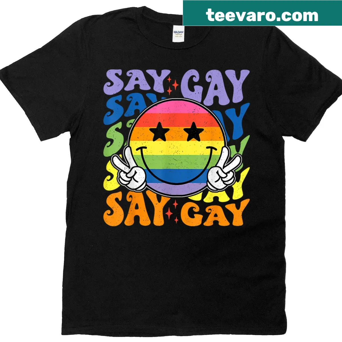 Smiley face design with text supporting LGBTQ+ rights. — on a men's t-shirt