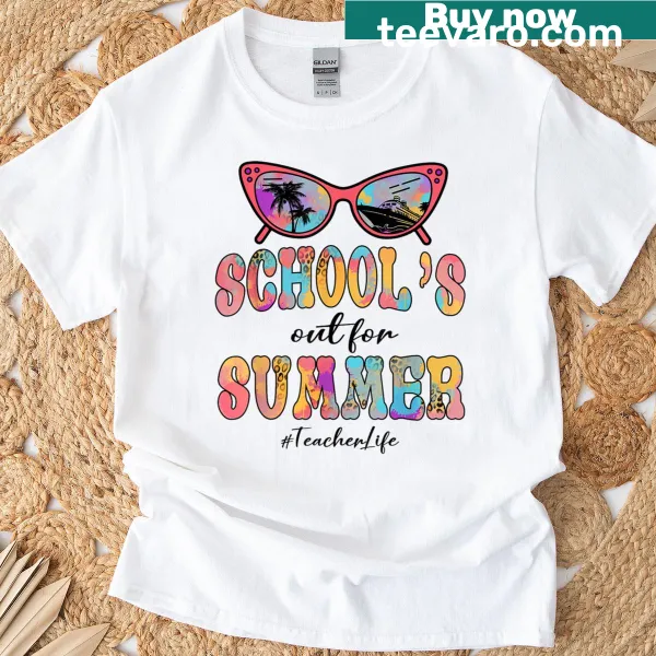 Leopard print text 'Schools Out For Summer' on tie-dye shirt