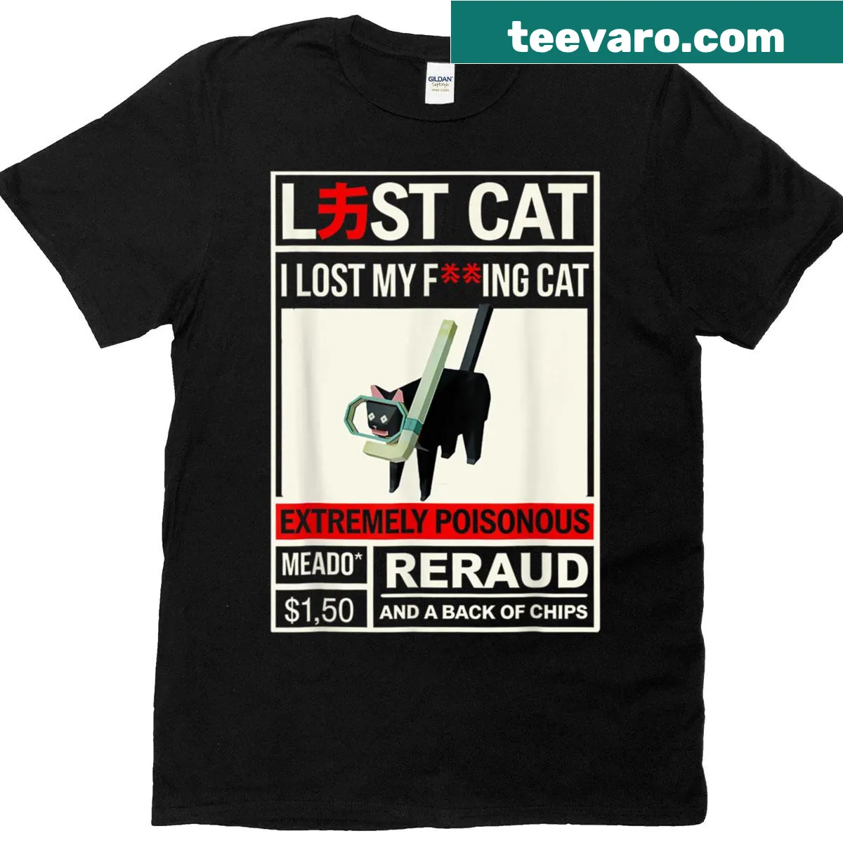 Illustrated t-shirt featuring a humorous cat meme about loss — on a men's t-shirt