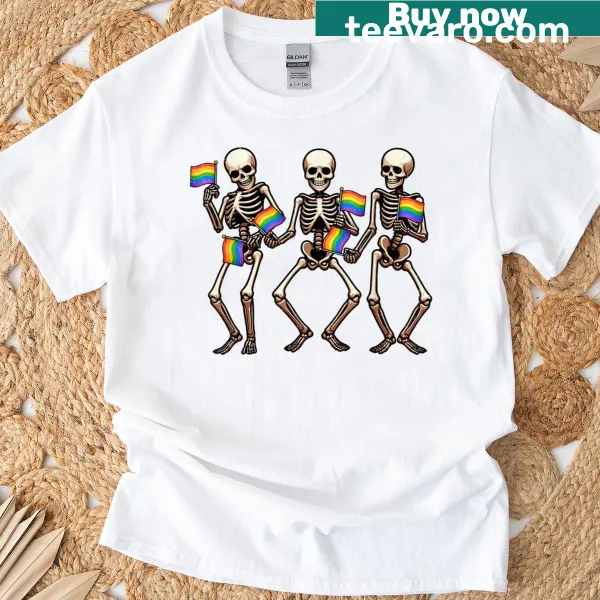 T-shirt featuring a dancing skeleton with a rainbow flag design