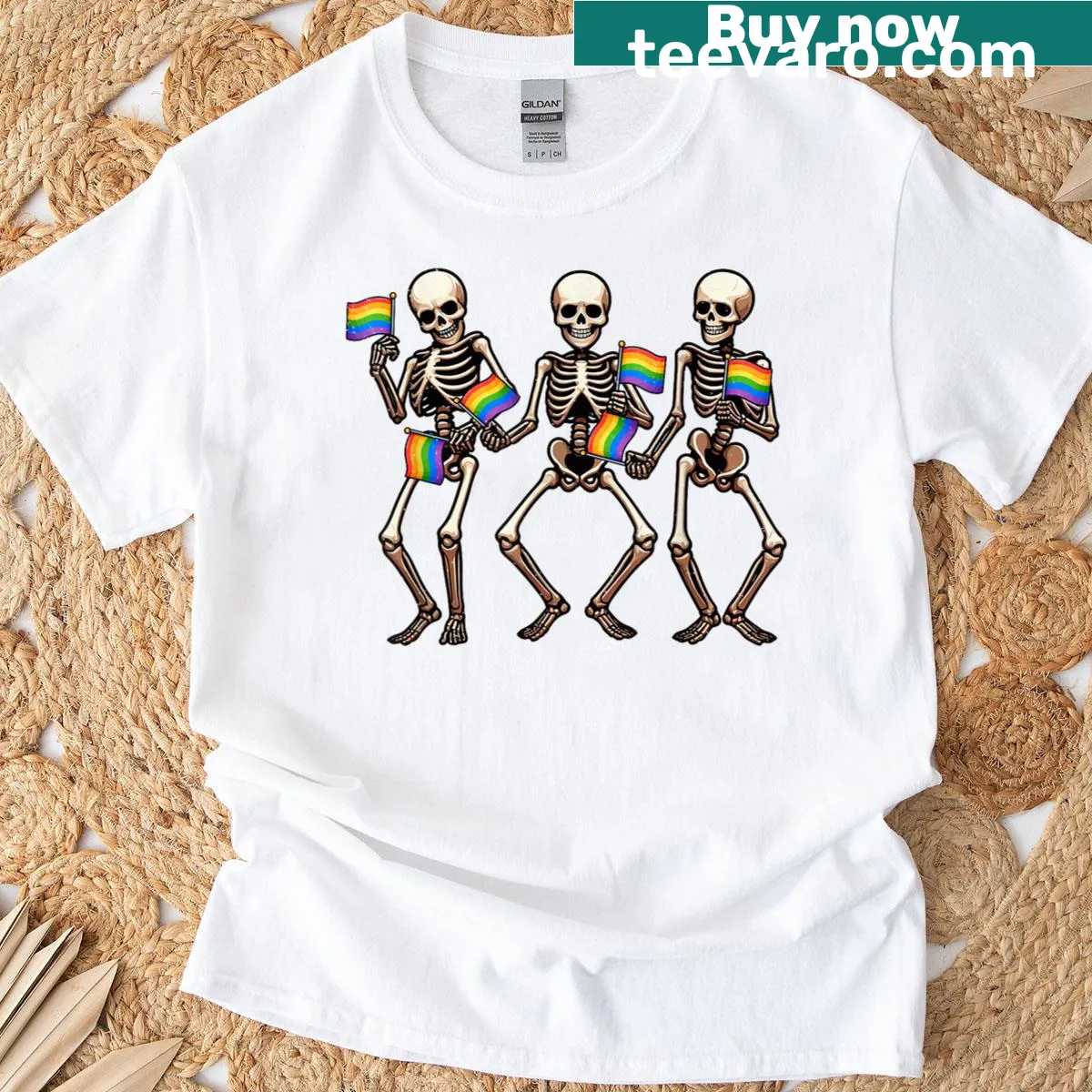 T-shirt featuring a dancing skeleton with a rainbow flag design — on a men's t-shirt