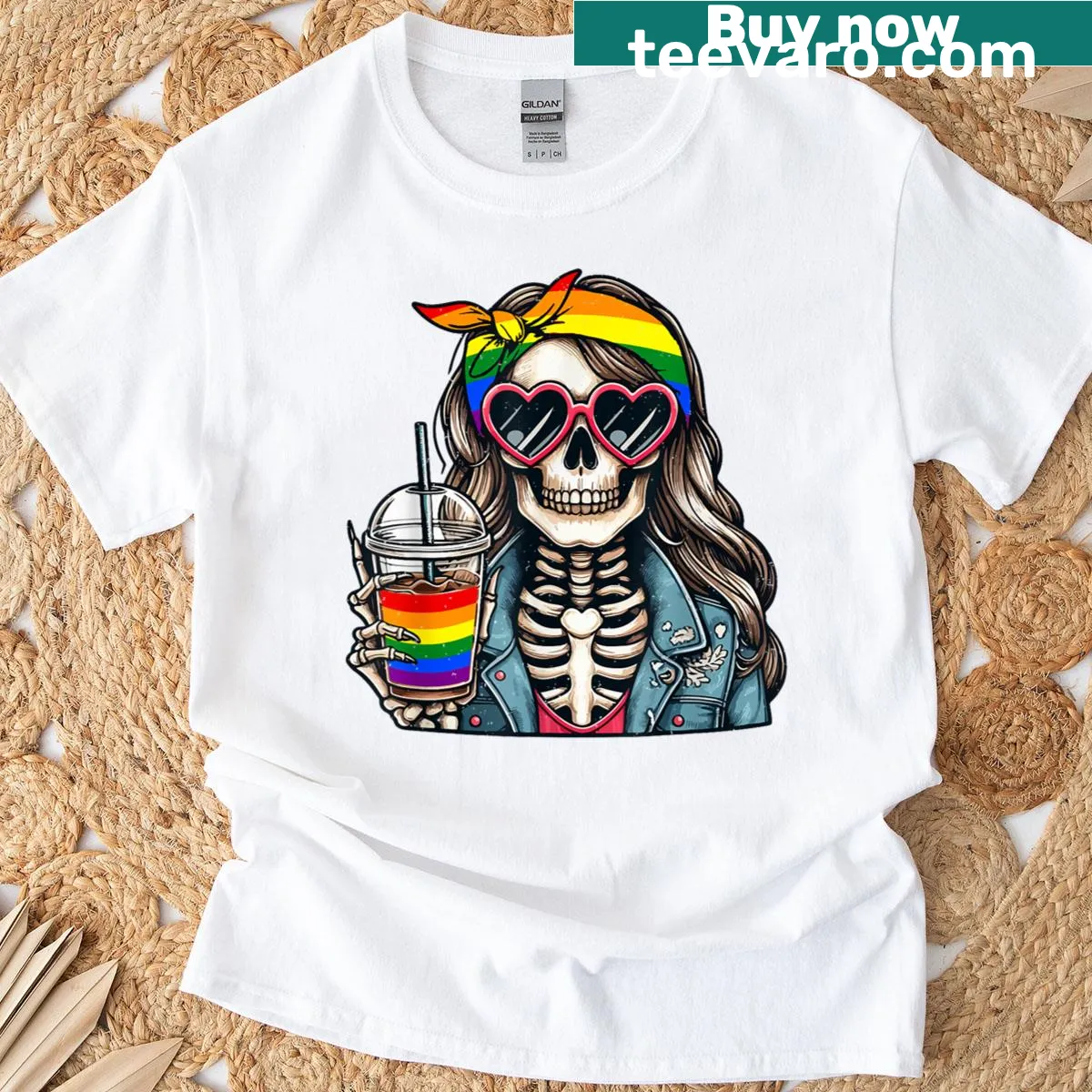 Skeleton holding rainbow flag for LGBTQ+ pride — on a men's t-shirt