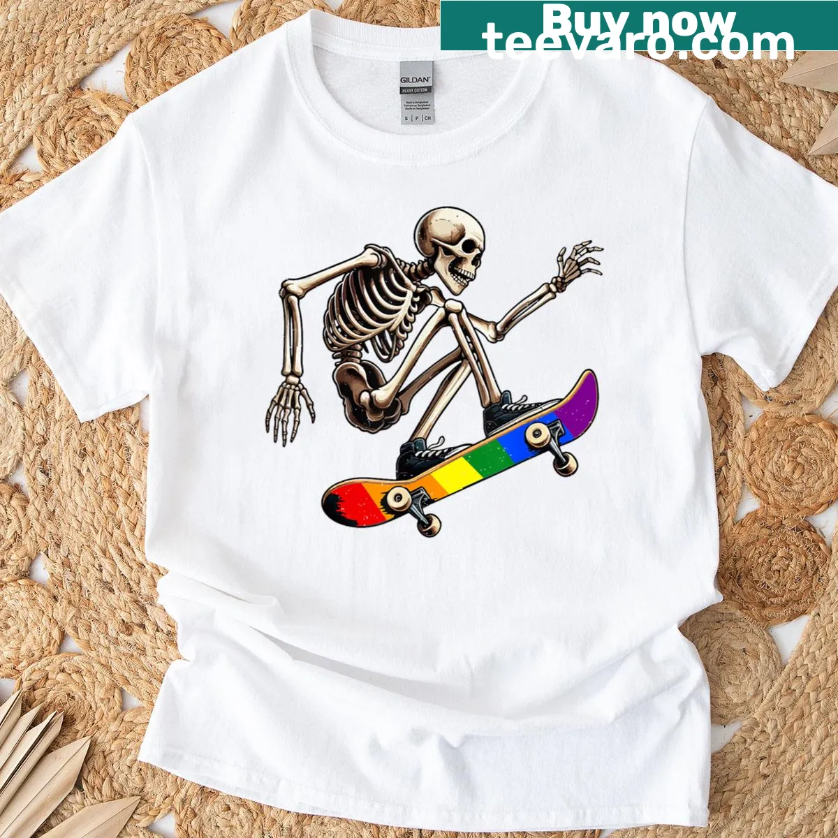Humorous t-shirt featuring a skeleton skateboarding with a rainbow — on a men's t-shirt