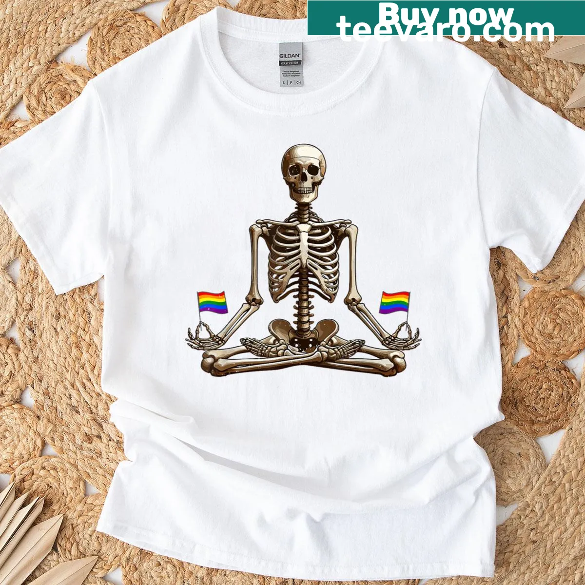 Skeleton in yoga pose for LGBTQ+ pride and meditation. — on a men's t-shirt