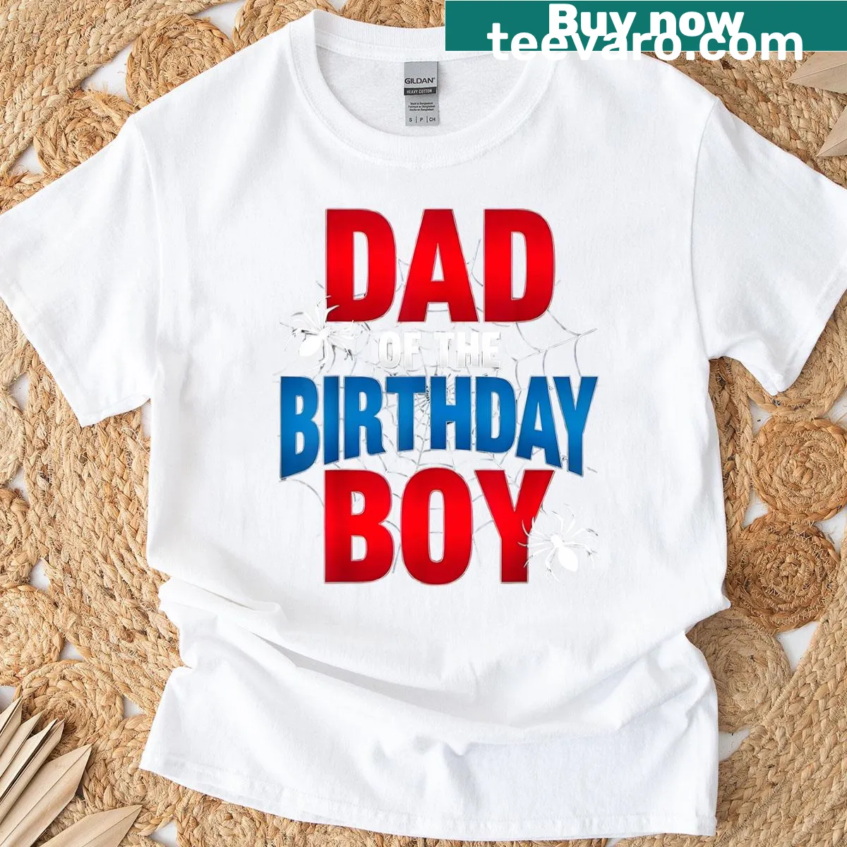 Illustrated spider web design with text 'Dad Of The Birthday Boy' — on a men's t-shirt