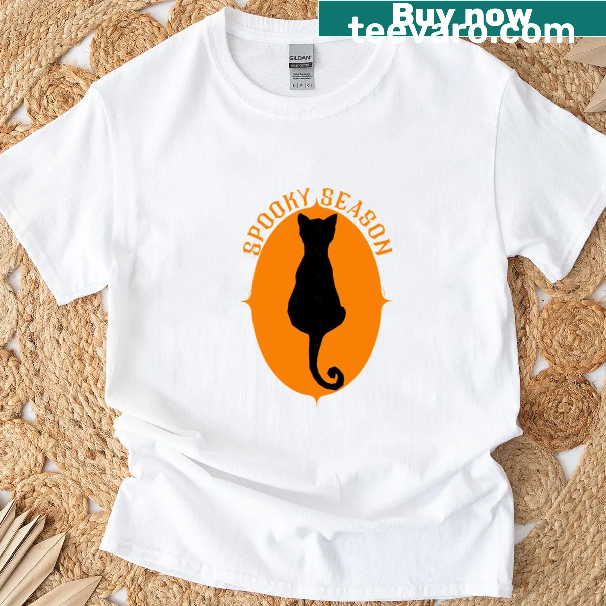 Whimsical Halloween-themed graphic on fitted scoop t-shirt — on a men's t-shirt