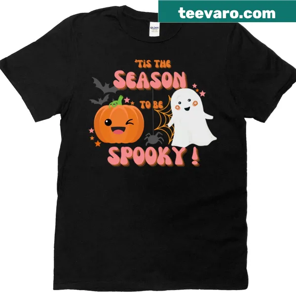 Cute Halloween t-shirt featuring cheerful ghosts and pumpkins
