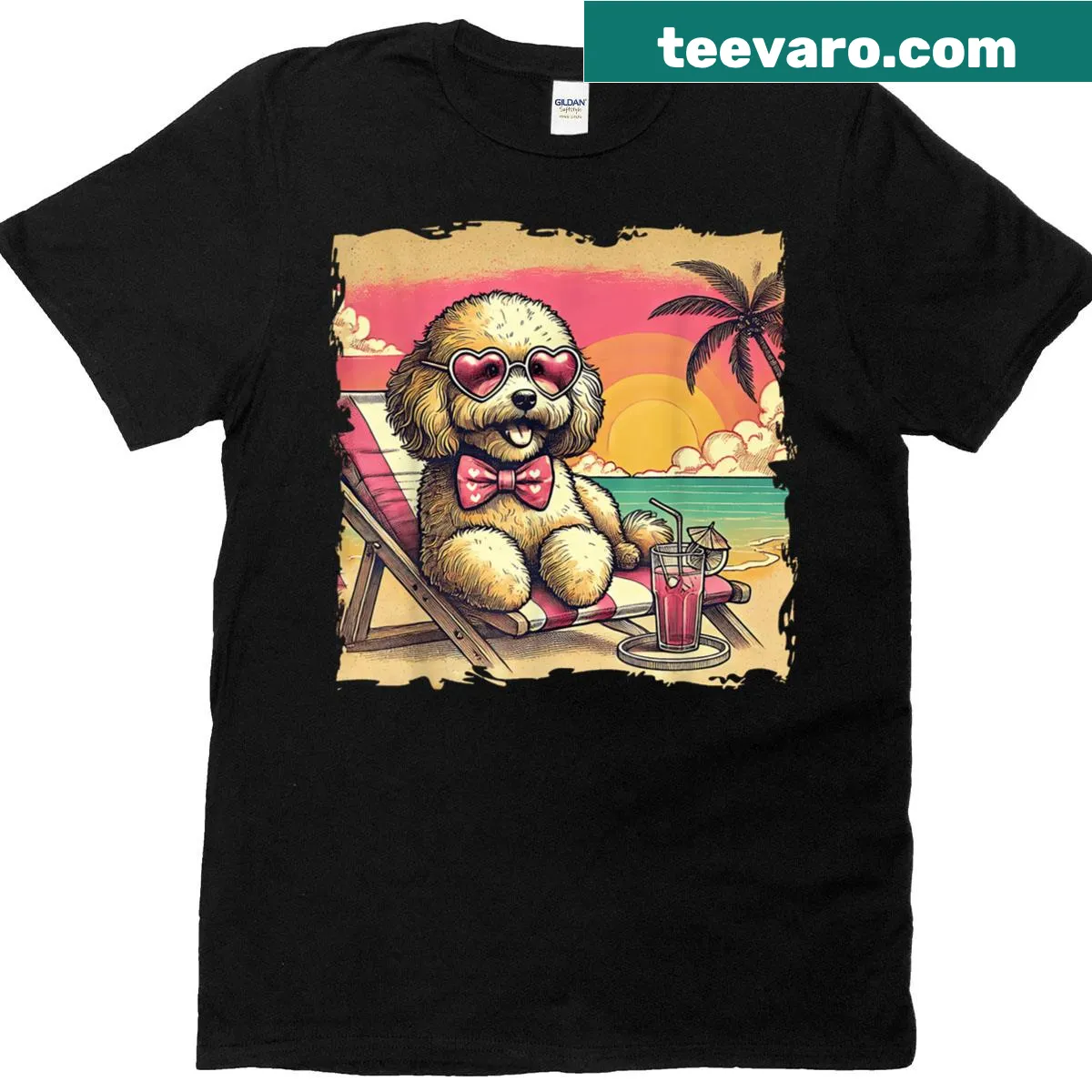 Illustration of a Goldendoodle on a tropical beach T-shirt — on a men's t-shirt