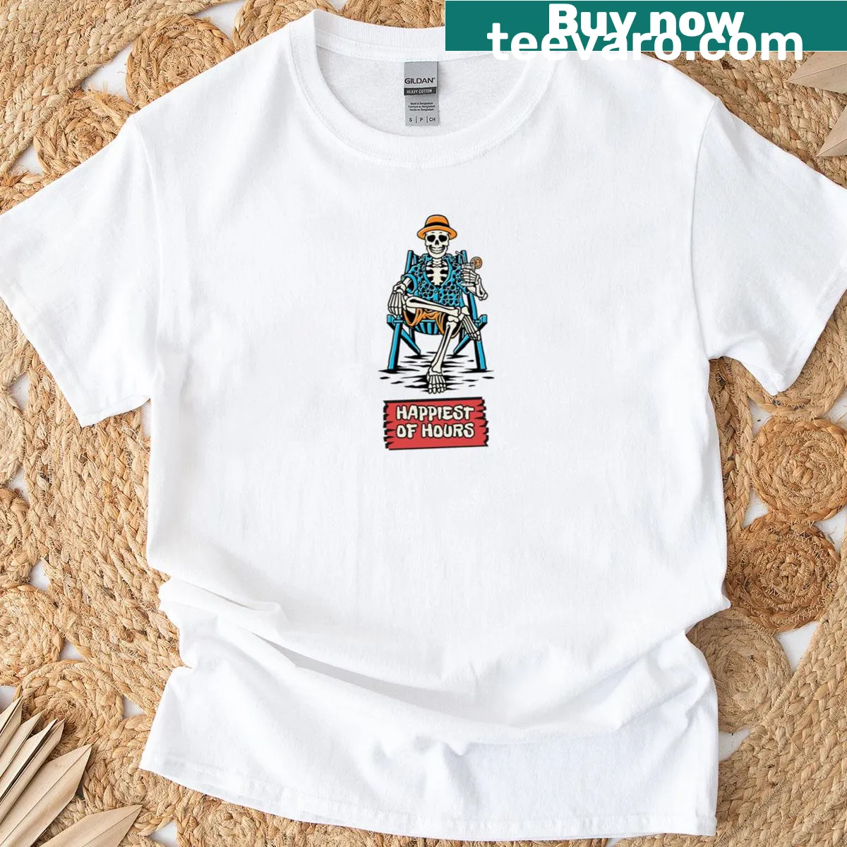 Whimsical skeleton beach graphic on Summerween T-shirt — on a men's t-shirt