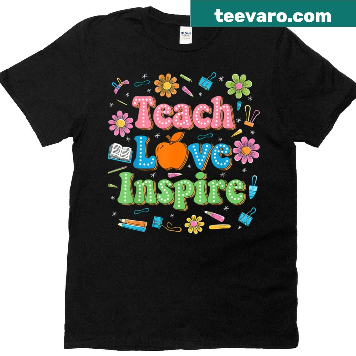 Inspirational teacher shirt with the text 'Teach Love Inspire' in elegant typography. — on a men's t-shirt