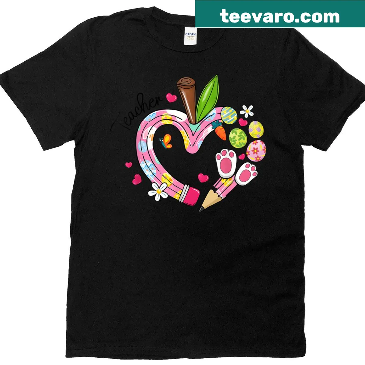 Easter-themed T-shirt for teachers featuring pencil and heart graphics — on a men's t-shirt