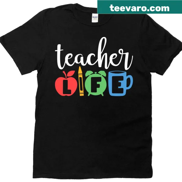 T-shirt for teachers featuring a crayon clock and mug design