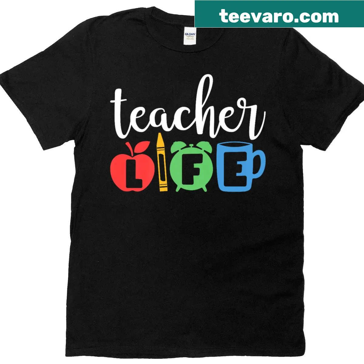 Premium teacher T-shirt with crayon clock and mug illustration — on a men's t-shirt