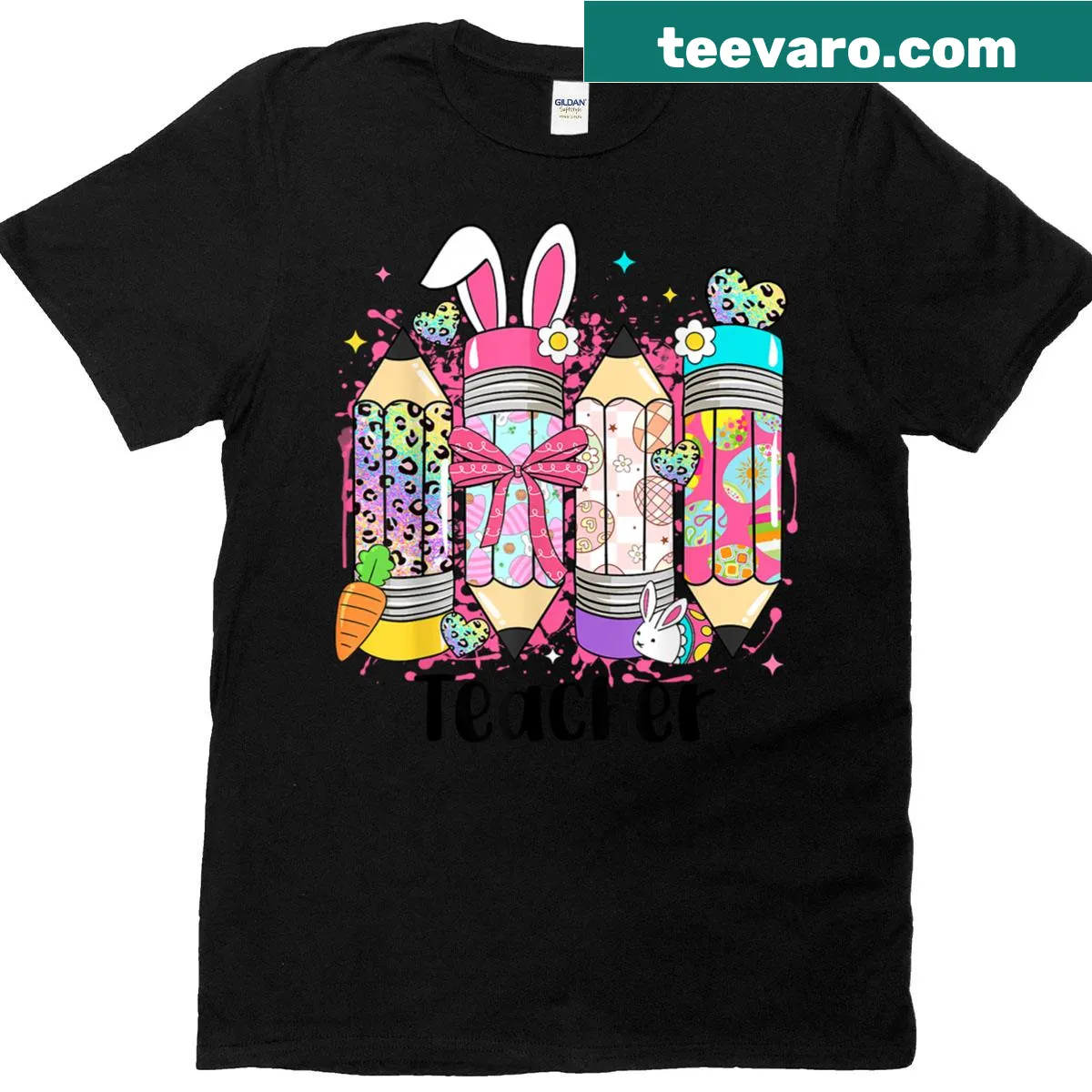 Easter-themed T-shirt for teachers featuring bunny ears and eggs — on a men's t-shirt