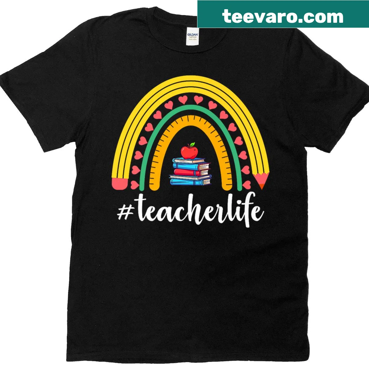 Premium cute teacher t-shirt with rainbow design — on a men's t-shirt