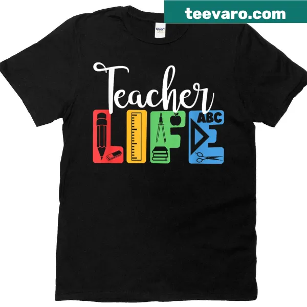 Illustrated T-shirt featuring school materials for teachers