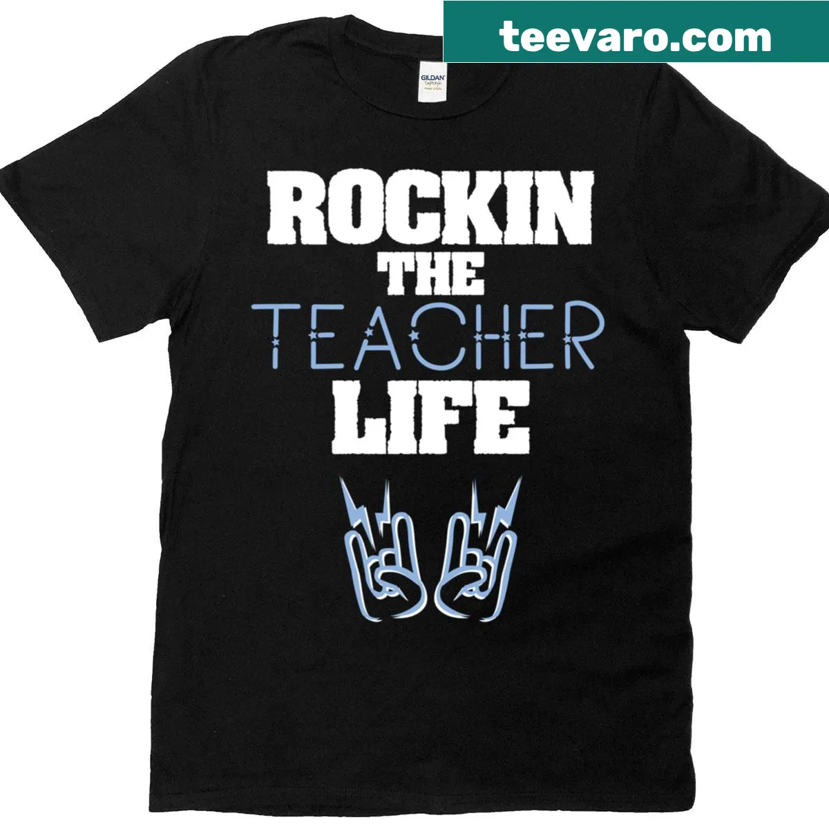 Teacher T-shirt with bold typography that says Rockin The Teacher Life — on a men's t-shirt