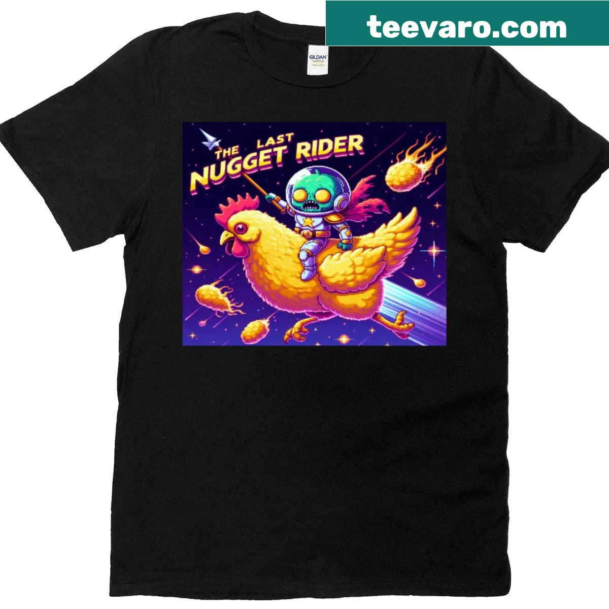 Cartoon nugget with a helmet, riding a bike illustration — on a men's t-shirt