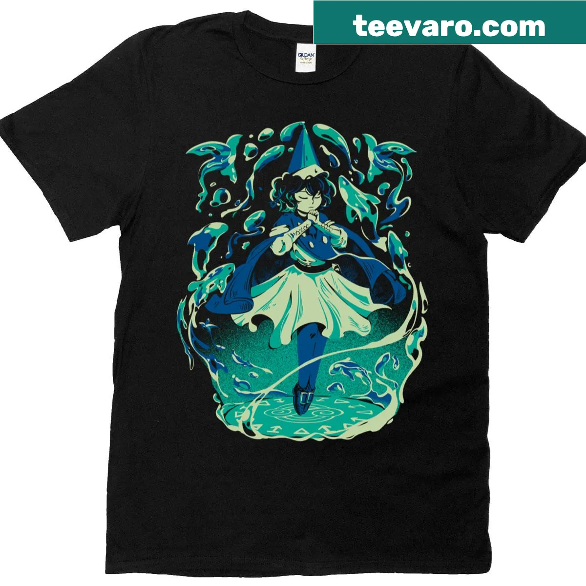 Oversized t-shirt featuring a whimsical water witch illustration — on a men's t-shirt