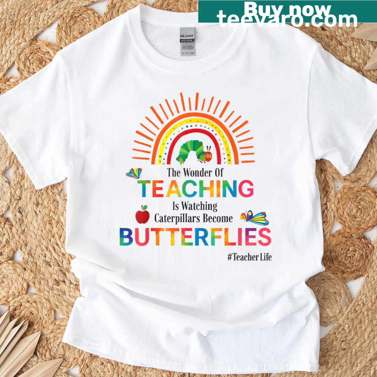 Inspirational teaching quote about caterpillars graphic on t-shirt — on a men's t-shirt