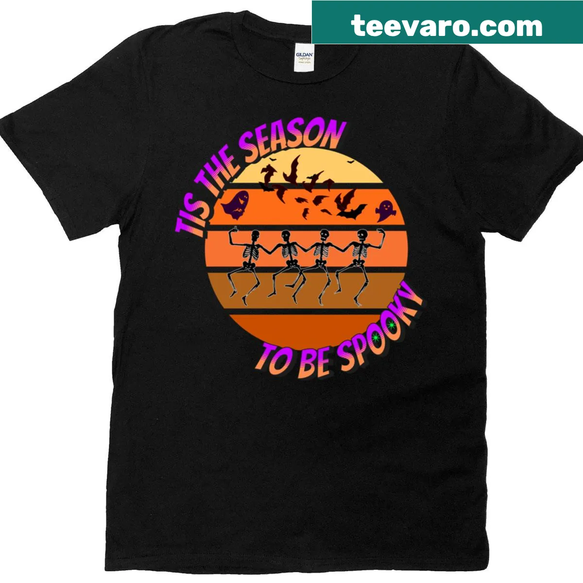 Skeleton and ghost graphic with Halloween text on t-shirt — on a men's t-shirt