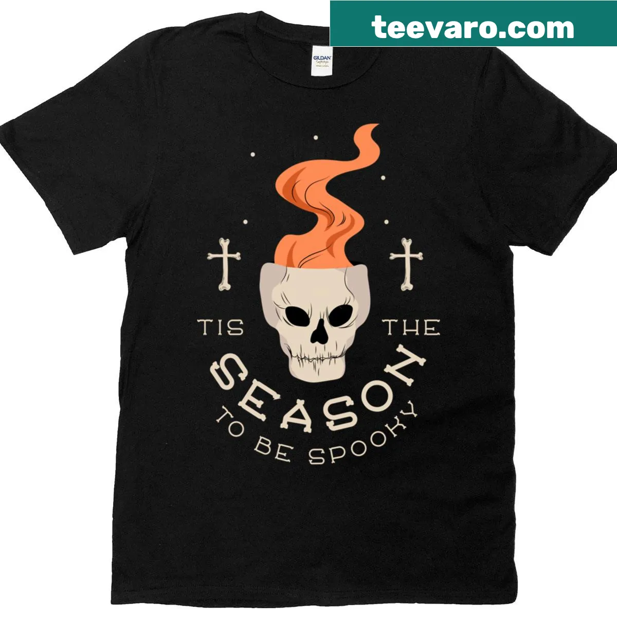 Halloween-themed t-shirt with a playful skull graphic celebrating the spooky season. — on a men's t-shirt