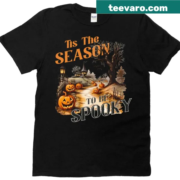 T-shirt celebrating the Halloween season with whimsical spooky graphics.