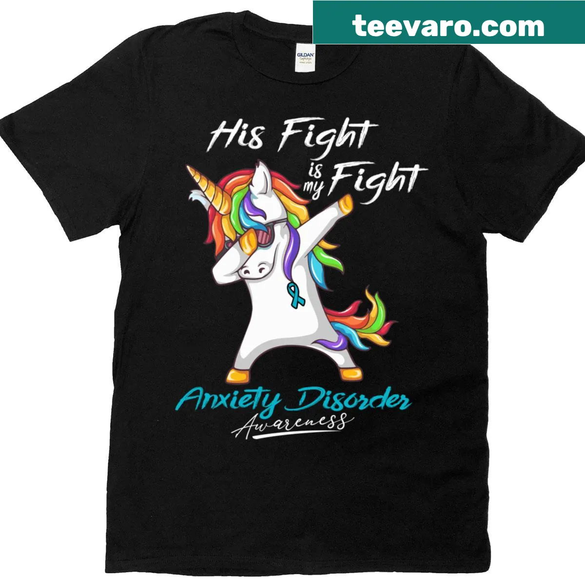 Unicorn graphic with the phrase 'His Fight Is My Fight' for anxiety awareness. — on a men's t-shirt