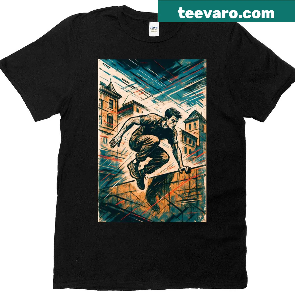Energetic parkour-themed graphic on oversized t-shirt — on a men's t-shirt